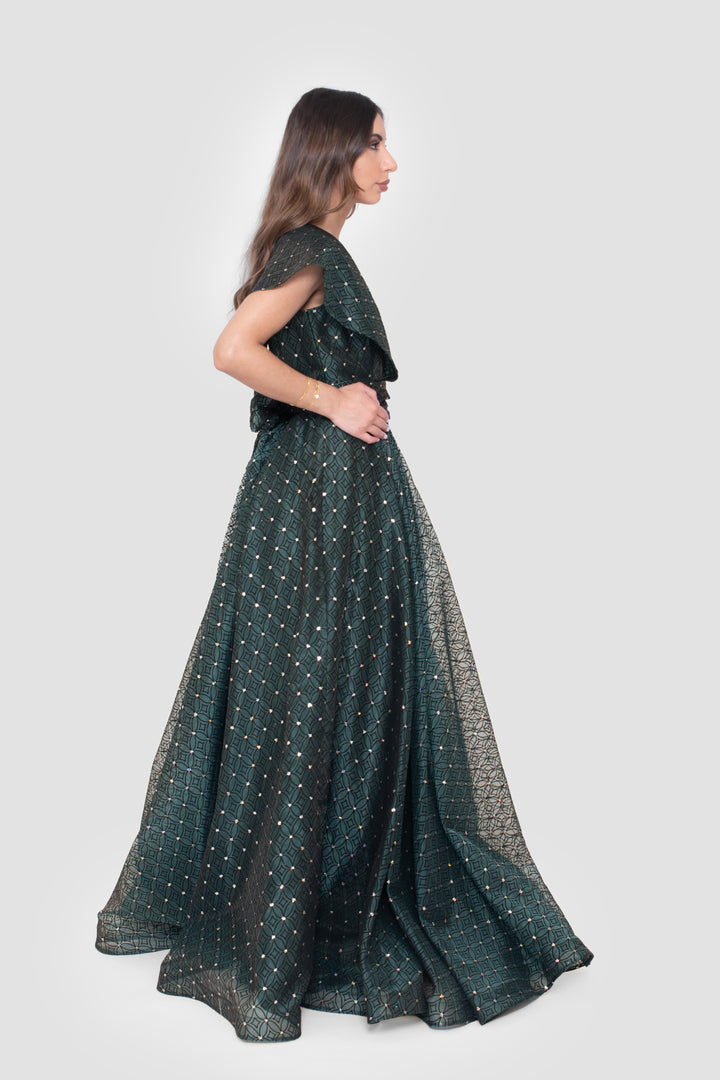 Maristella Embellished Geometric Deep Teal Mesh Maxi Dress