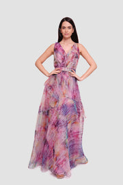 Aya Multicolored Silk Printed Organza Sleeveless Maxi Dress