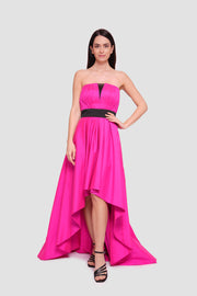 Valencia Fuchsia With Black Accents Taffeta Strapless Deep Illusion V-neck Maxi Dress