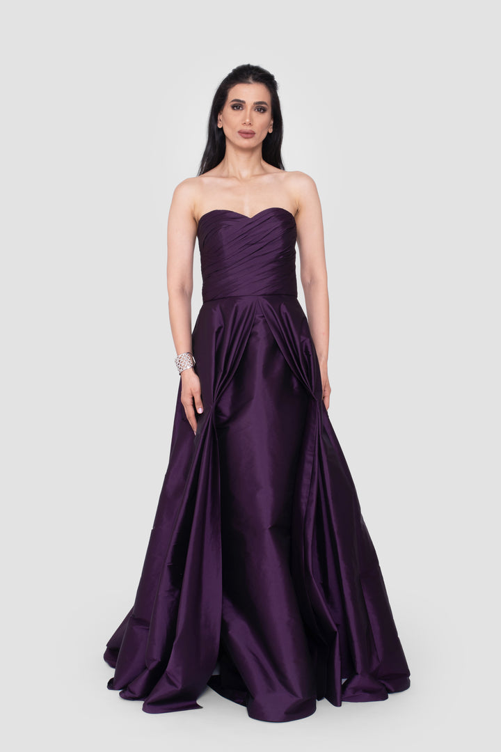 Vivienna Strapless Ruched Gown In Deep Plum Taffeta