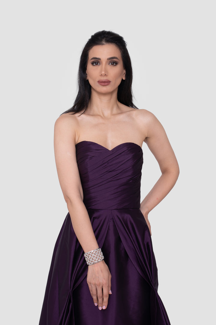 Vivienna Strapless Ruched Gown In Deep Plum Taffeta