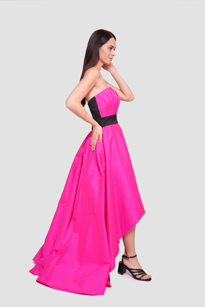 Valencia Fuchsia With Black Accents Taffeta Strapless Deep Illusion V-neck Maxi Dress