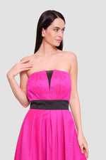 Load image into Gallery viewer, Valencia Fuchsia With Black Accents Taffeta Strapless Deep Illusion V-neck Maxi Dress
