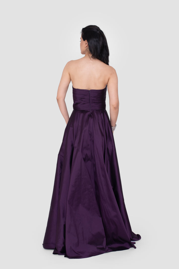 Vivienna Strapless Ruched Gown In Deep Plum Taffeta