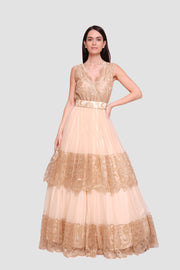 Jasmine Gold Tulle And Lace Open Back Sleeveless Maxi Dress