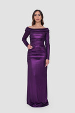 ഗാലറി വ്യൂവറിലേക്ക് ചിത്രം ലോഡ് ചെയ്യുക, Lele Purple Off-Shoulder Ruched Metallic Maxi Dress
