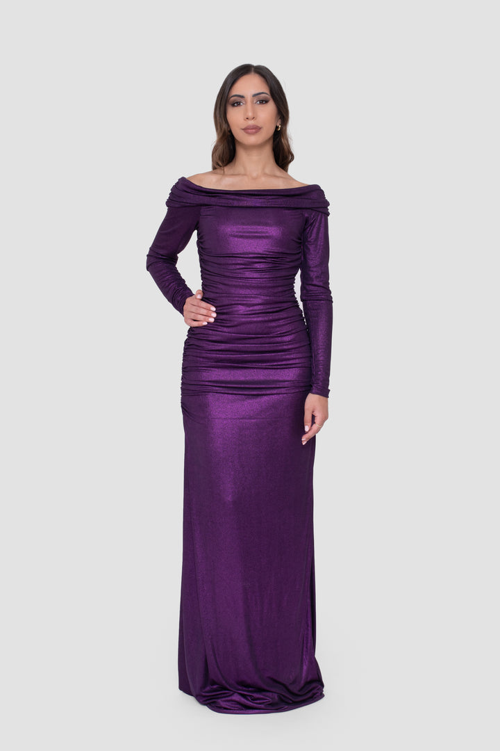 Lele Purple Off-Shoulder Ruched Metallic Maxi Dress