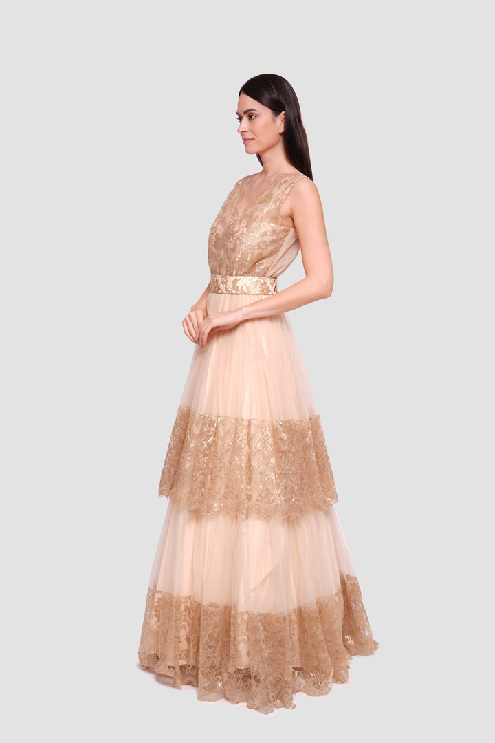 Jasmine Gold Tulle And Lace Open Back Sleeveless Maxi Dress
