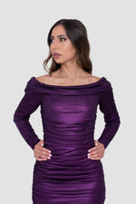 ഗാലറി വ്യൂവറിലേക്ക് ചിത്രം ലോഡ് ചെയ്യുക, Lele Purple Off-Shoulder Ruched Metallic Maxi Dress
