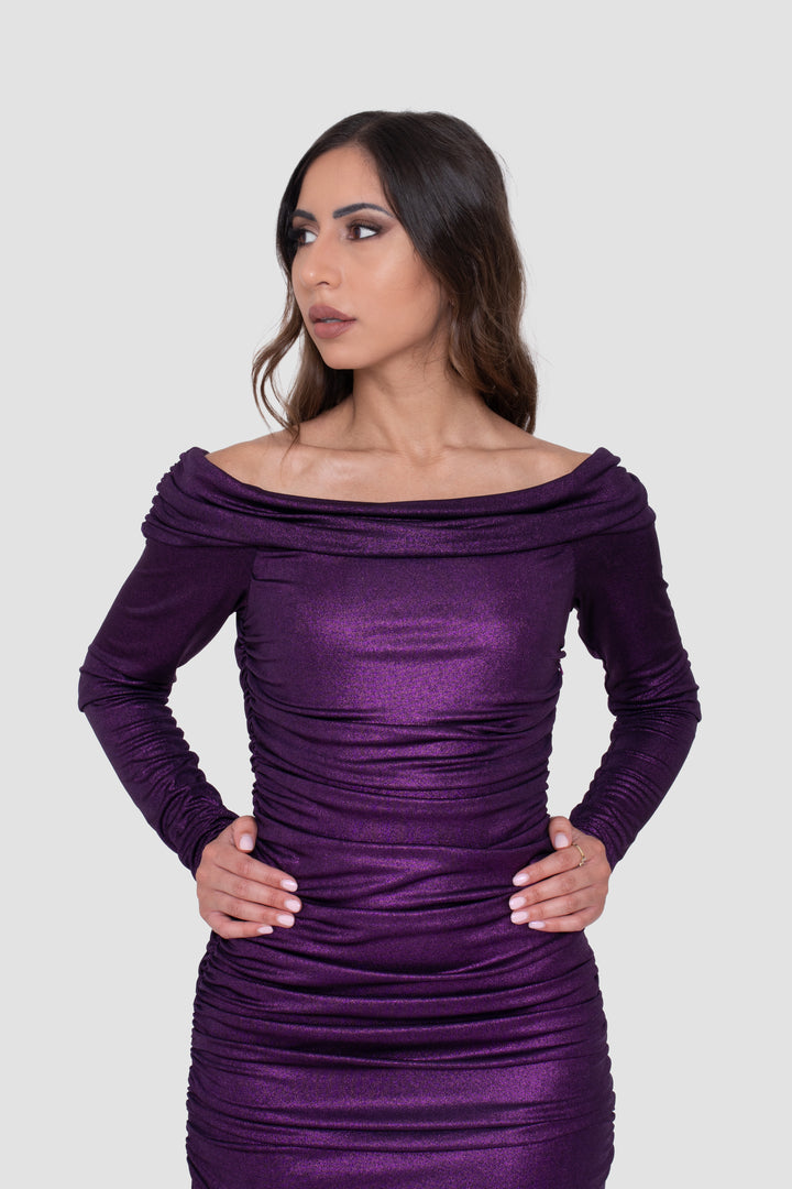 Lele Purple Off-Shoulder Ruched Metallic Maxi Dress