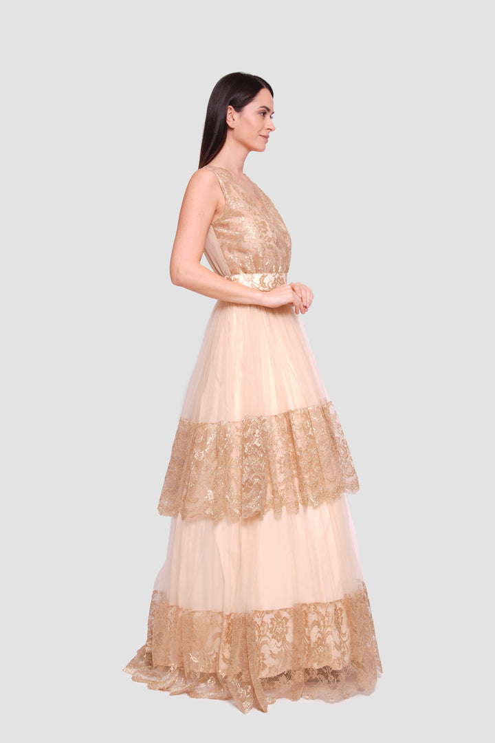 Jasmine Gold Tulle And Lace Open Back Sleeveless Maxi Dress