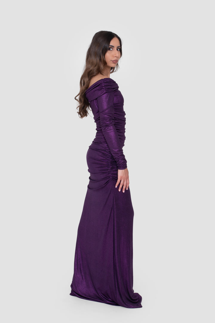 Lele Purple Off-Shoulder Ruched Metallic Maxi Dress