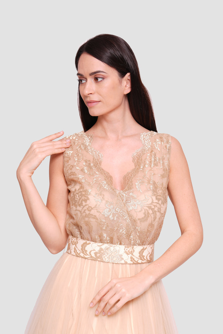 Jasmine Gold Tulle And Lace Open Back Sleeveless Maxi Dress