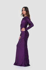 ഗാലറി വ്യൂവറിലേക്ക് ചിത്രം ലോഡ് ചെയ്യുക, Lele Purple Off-Shoulder Ruched Metallic Maxi Dress
