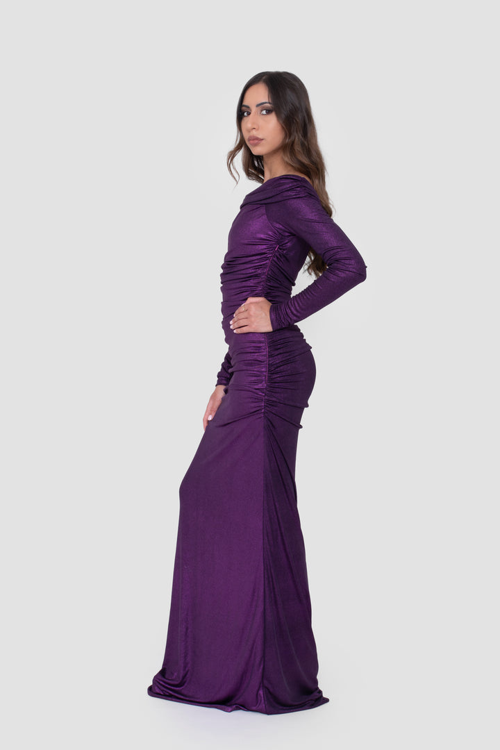 Lele Purple Off-Shoulder Ruched Metallic Maxi Dress