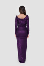 ഗാലറി വ്യൂവറിലേക്ക് ചിത്രം ലോഡ് ചെയ്യുക, Lele Purple Off-Shoulder Ruched Metallic Maxi Dress
