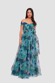 Irina Teal Blue With Multicolored Floral Patterns Organza Sweetheart Neckline Maxi Dress