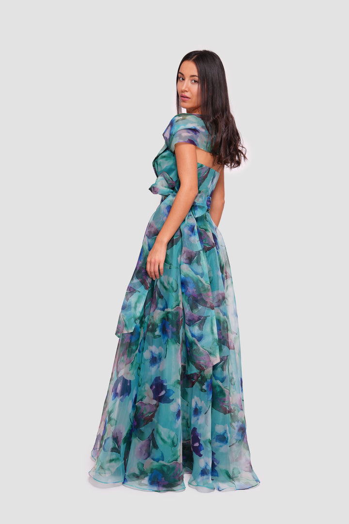 Irina Teal Blue With Multicolored Floral Patterns Organza Sweetheart Neckline Maxi Dress