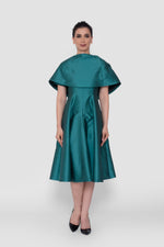 Load image into Gallery viewer, Kate Satin Emerald Green Midi Dress With Detachable Cape
