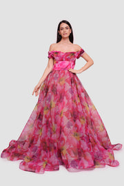 Amanda  Pink With Multicolored Floral Patterns Organza Off-shoulder Gown