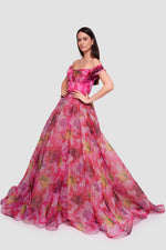 Load image into Gallery viewer, Amanda  Pink With Multicolored Floral Patterns Organza Off-shoulder Gown
