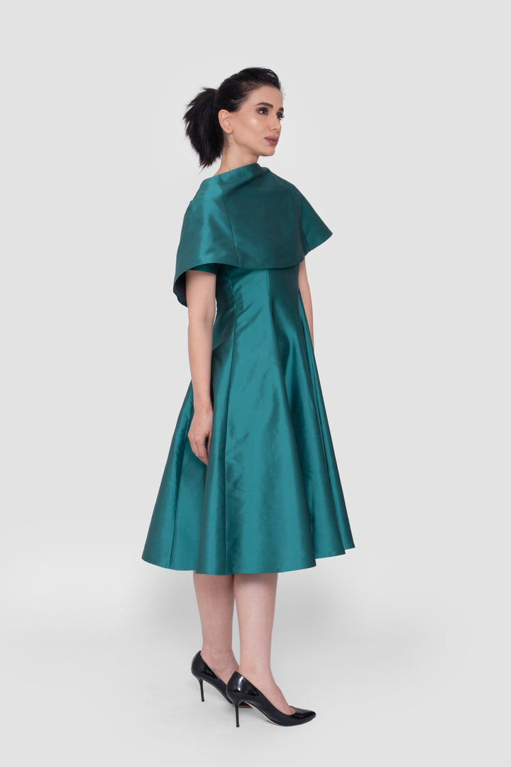 Kate Satin Emerald Green Midi Dress With Detachable Cape