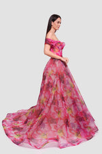 Load image into Gallery viewer, Amanda  Pink With Multicolored Floral Patterns Organza Off-shoulder Gown
