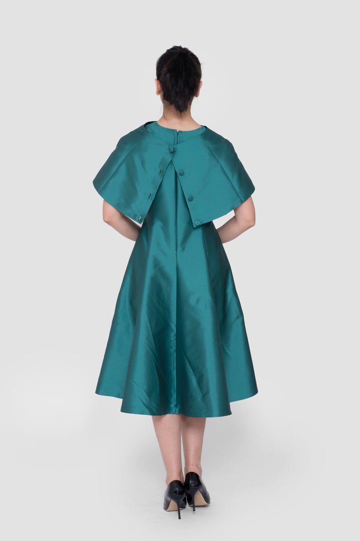 Kate Satin Emerald Green Midi Dress With Detachable Cape