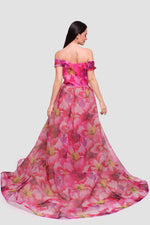 Load image into Gallery viewer, Amanda  Pink With Multicolored Floral Patterns Organza Off-shoulder Gown
