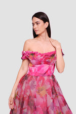 Load image into Gallery viewer, Amanda  Pink With Multicolored Floral Patterns Organza Off-shoulder Gown
